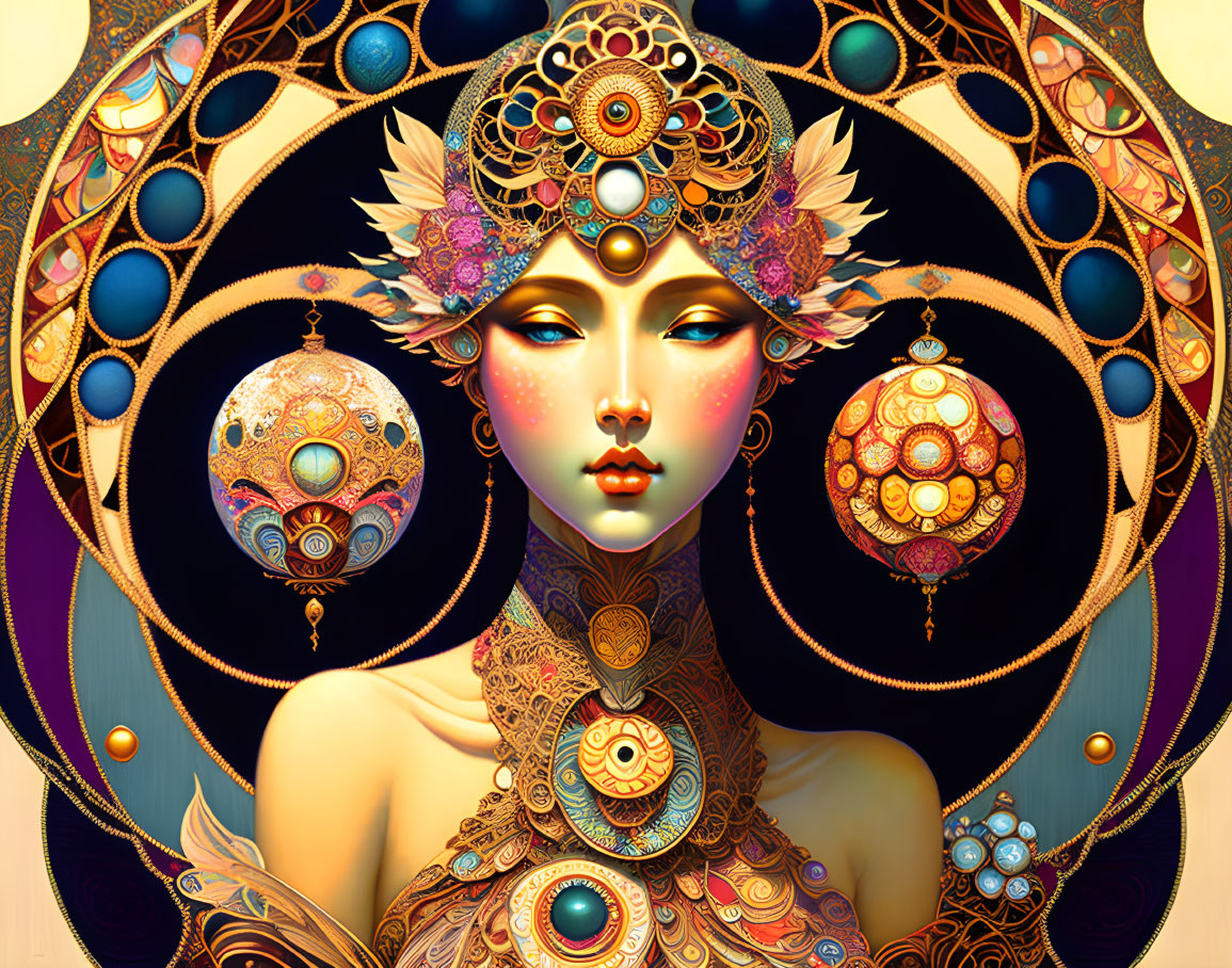 Cosmic Woman Illustration with Mandala Patterns and Colorful Headdress