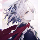 Character with Pale Skin, White Hair, Yellow Eyes, Dark Red Scarf, Black Top