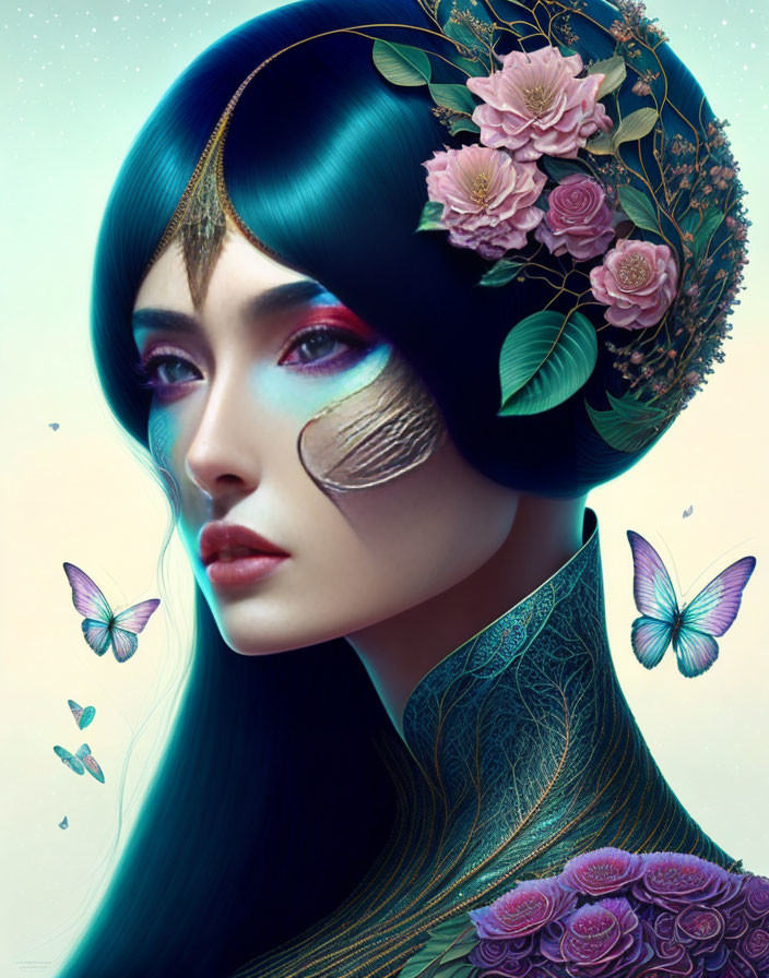 Surreal digital artwork: woman with blue hair, pink flowers, butterflies