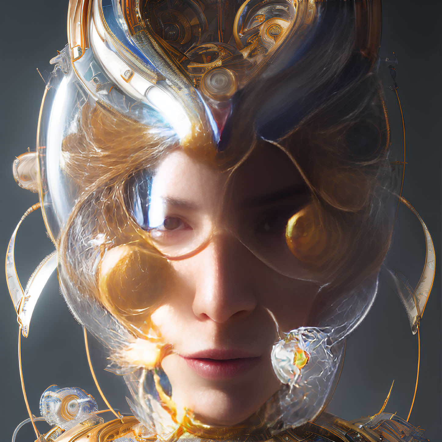 Detailed Close-Up of Person in Futuristic Golden Headgear