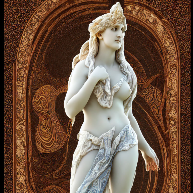 Intricately carved nude female sculpture with wavy hair on ornate background