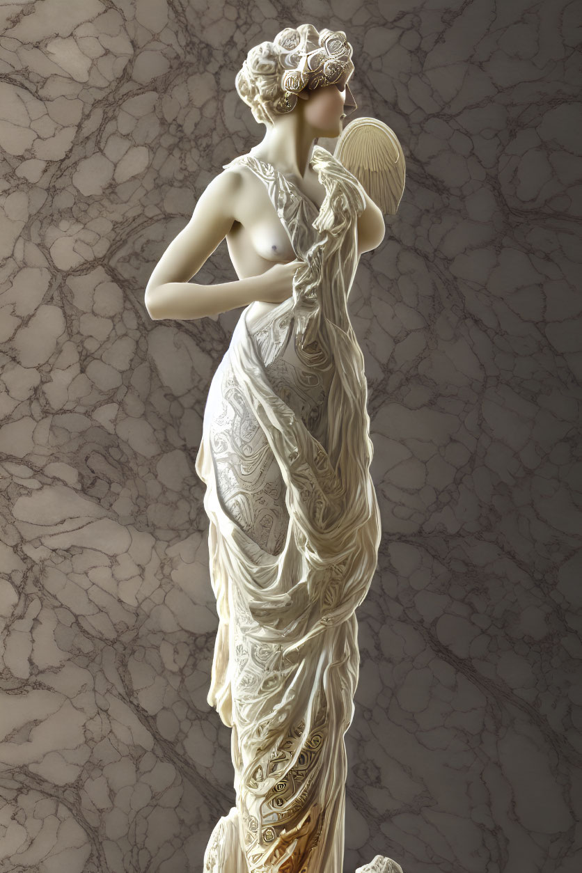 White Marble Statue of Woman in Flowing Drapery on Grey Background