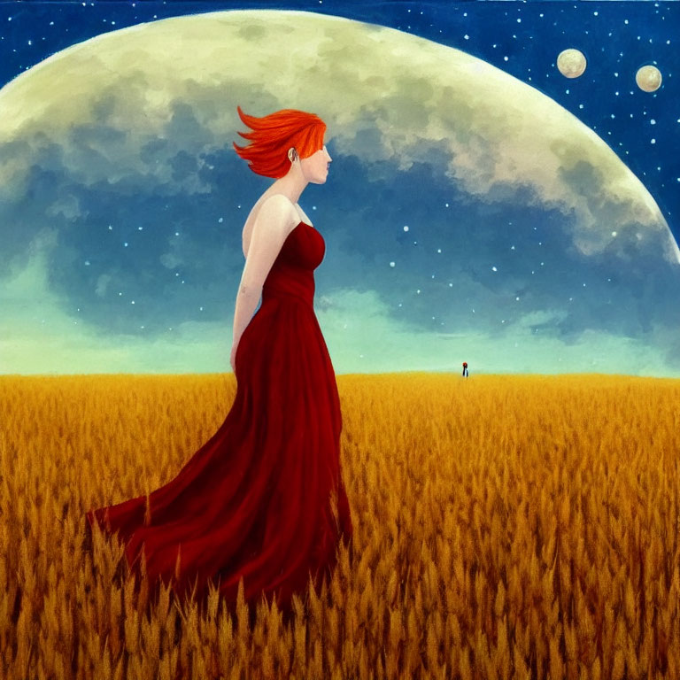 Woman in Red Dress Standing in Wheat Field Under Moonlit Sky