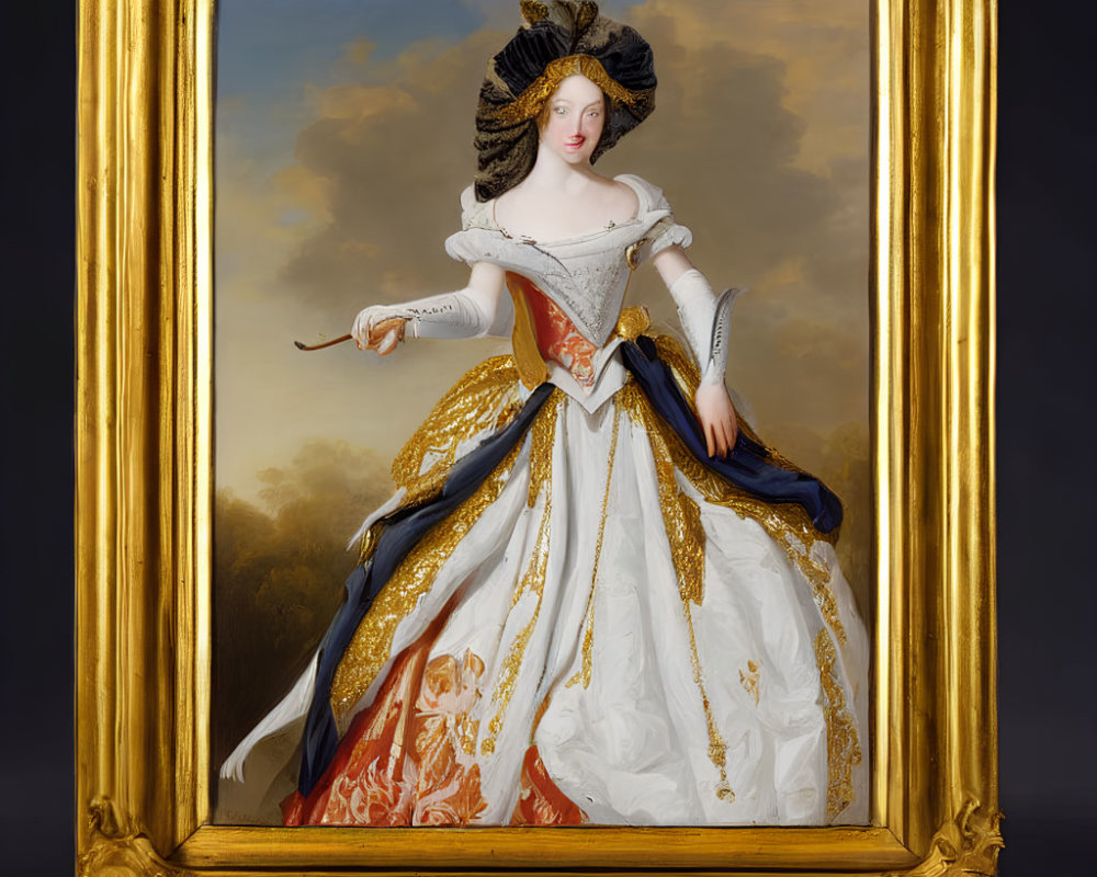 18th-Century Woman Portrait in Elaborate Dress with Scepter and Gold Frame