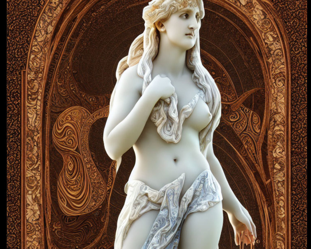 Intricately carved nude female sculpture with wavy hair on ornate background