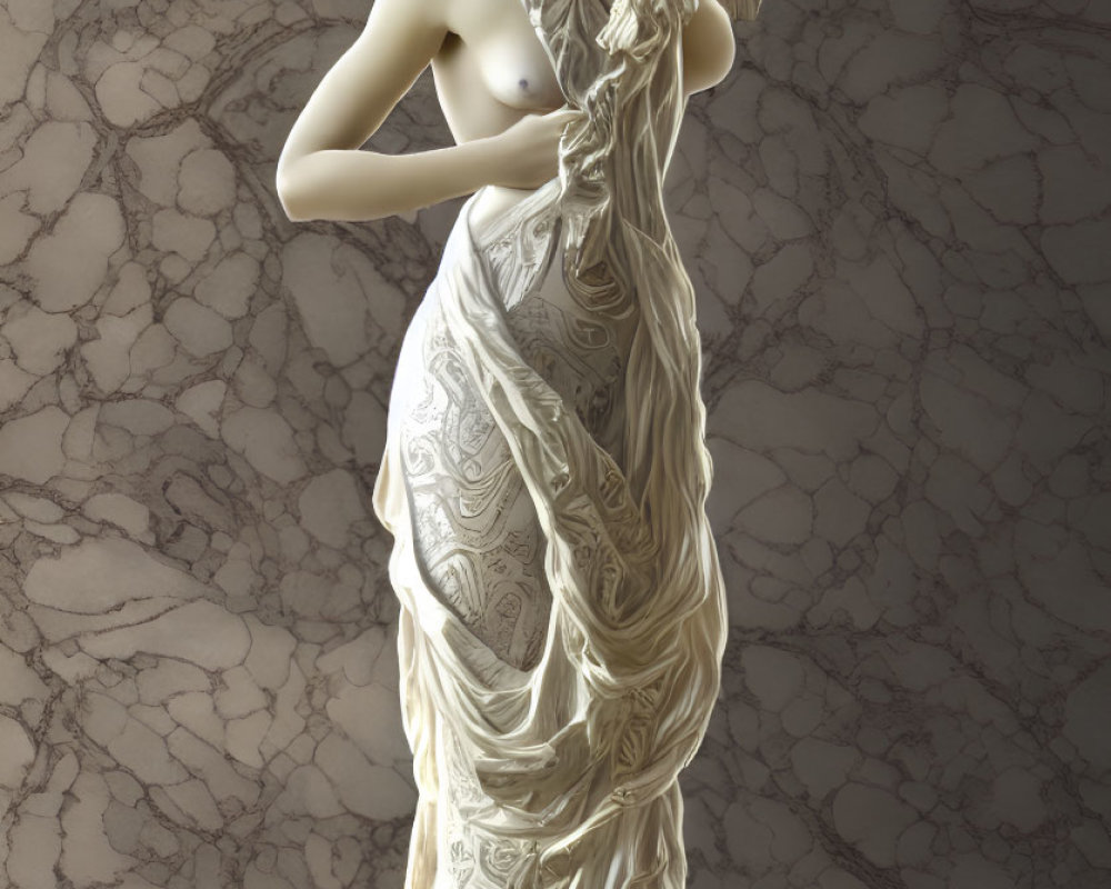 White Marble Statue of Woman in Flowing Drapery on Grey Background