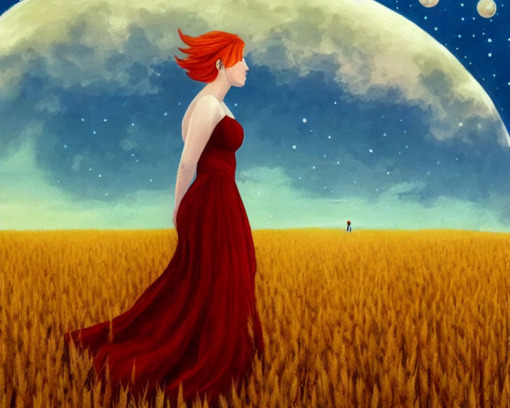 Woman in Red Dress Standing in Wheat Field Under Moonlit Sky