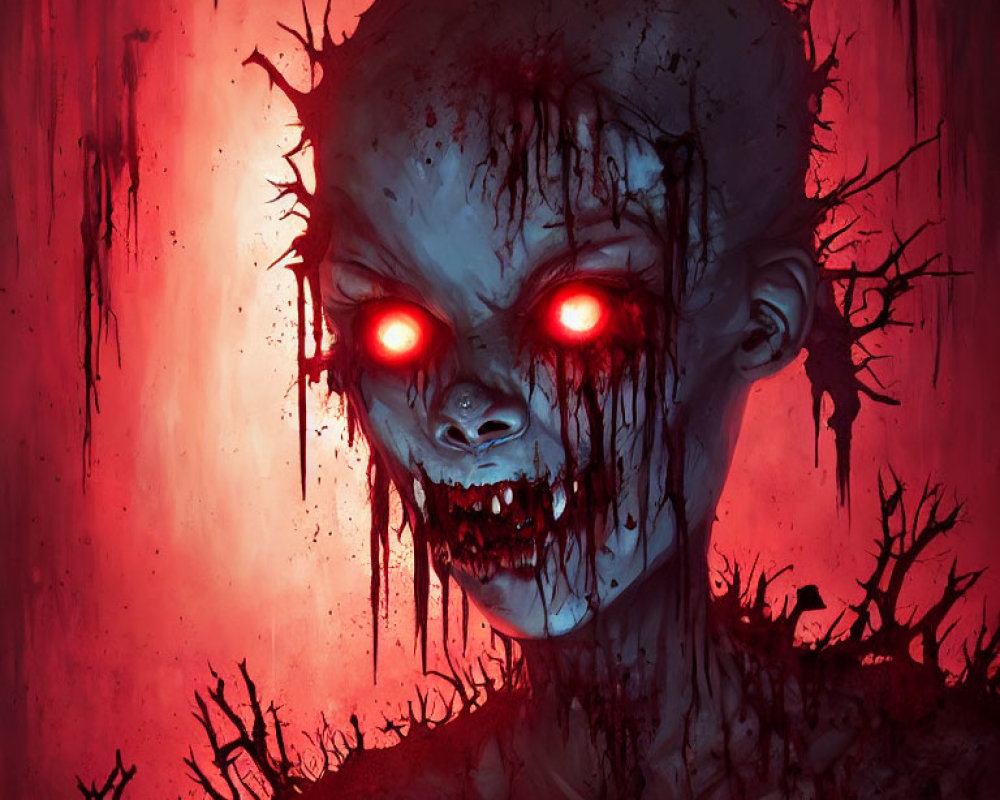 Sinister zombie-like creature with glowing red eyes and blood-stained teeth