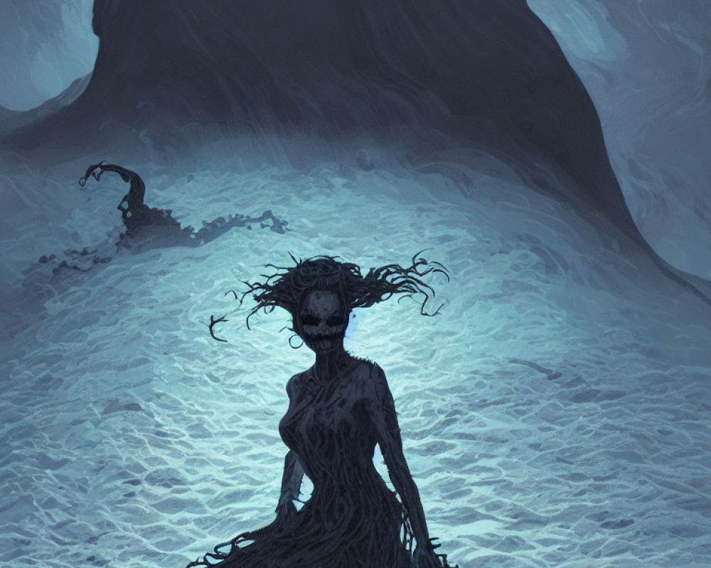 Dark spectral figure with flowing tendrils in misty blue landscape