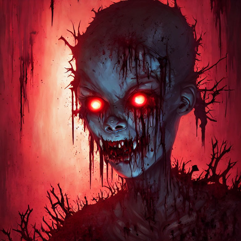 Sinister zombie-like creature with glowing red eyes and blood-stained teeth