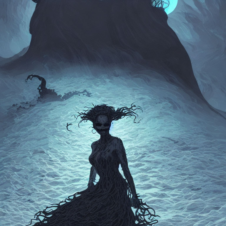 Dark spectral figure with flowing tendrils in misty blue landscape