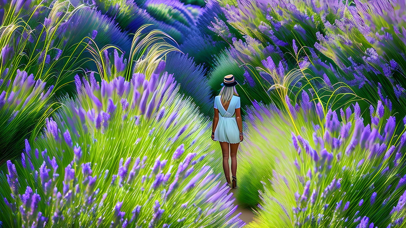 Person in white dress and hat walking through vibrant lavender field