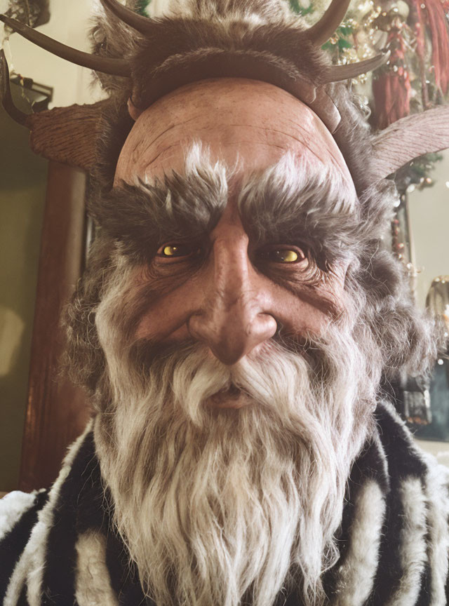 Detailed Figure with Stern Face, Yellow Eyes, White Beard, and Antlers