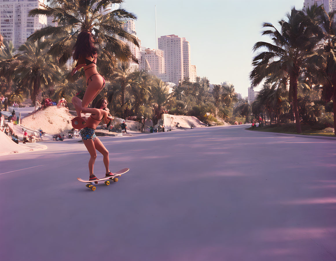 Skateboarder in Urban Park with Palm Trees and High-Rise Buildings