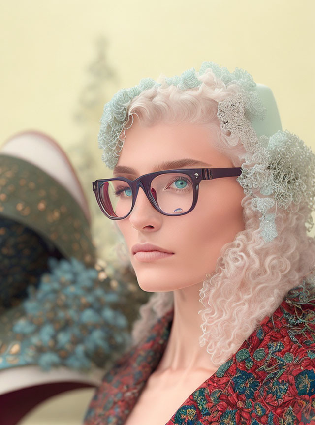 Curly Haired Person in Blue Glasses and Intricate Outfit