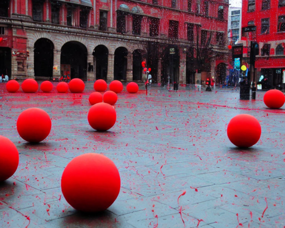 Vibrant red spheres in public square with classic architecture