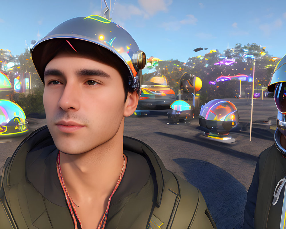 Young man in cap with futuristic helmeted figures and neon-lit structures