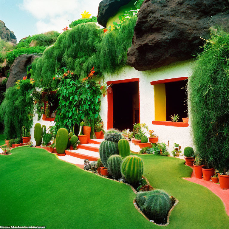 Colorful cacti garden by white house in rocky landscape