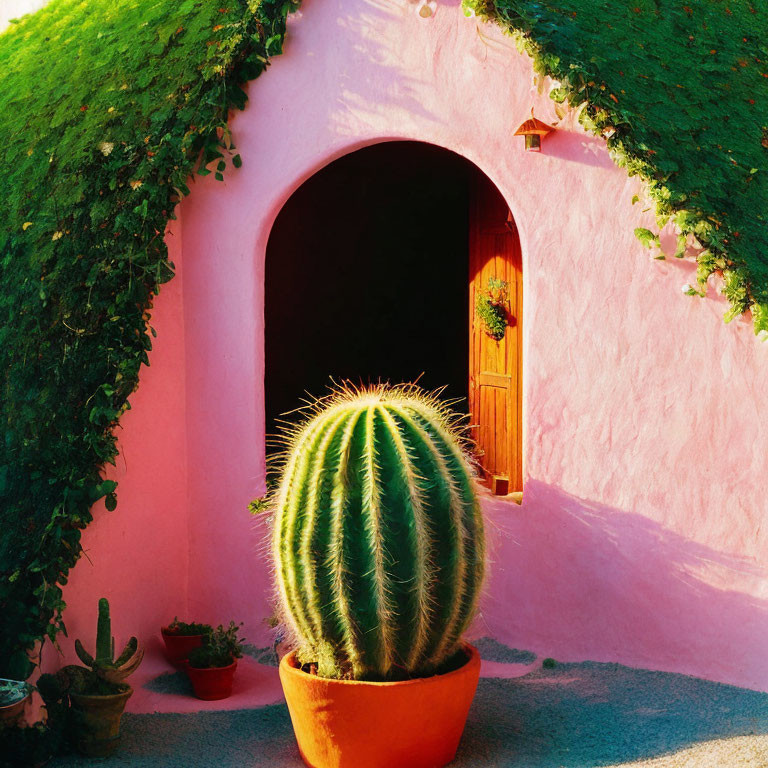 Tall cactus in terracotta pot with pink wall and arched entrance