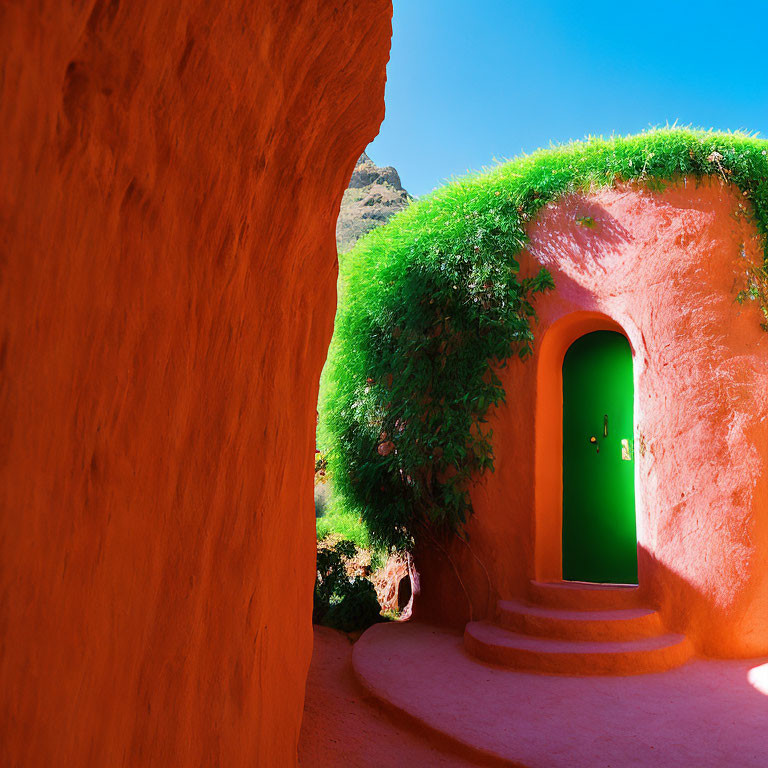 Earthen structure with green door in desert landscape