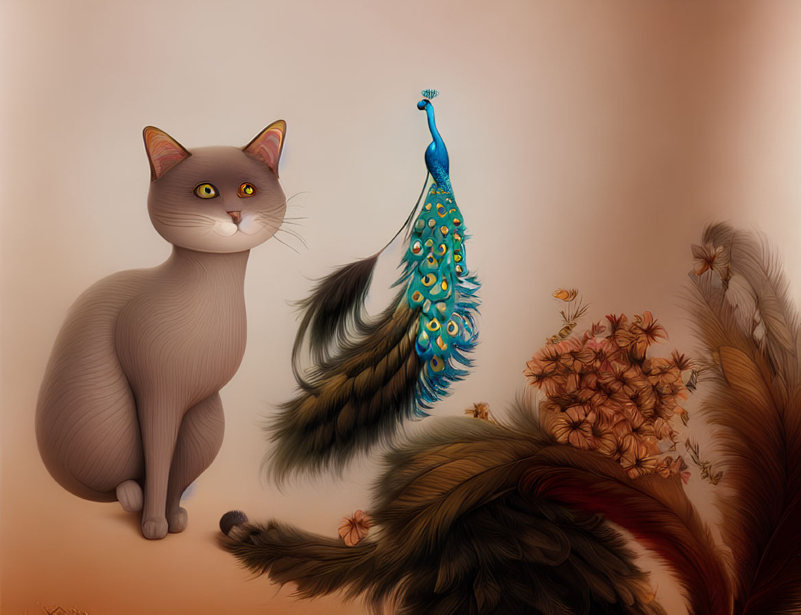 Grey Cat and Peacock Artwork with Soft-colored Flora