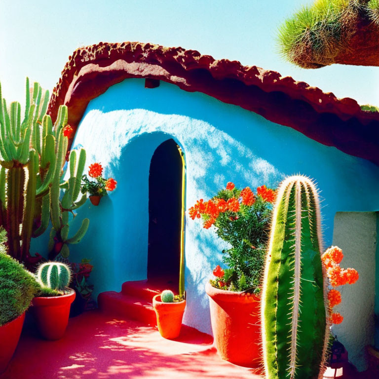 Vibrant Blue House with Red Path and Cacti Under Clear Sky