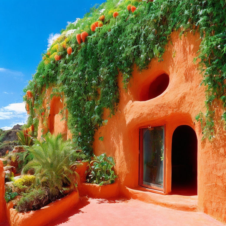 Orange Cave-Like House with Round Windows and Green Vines