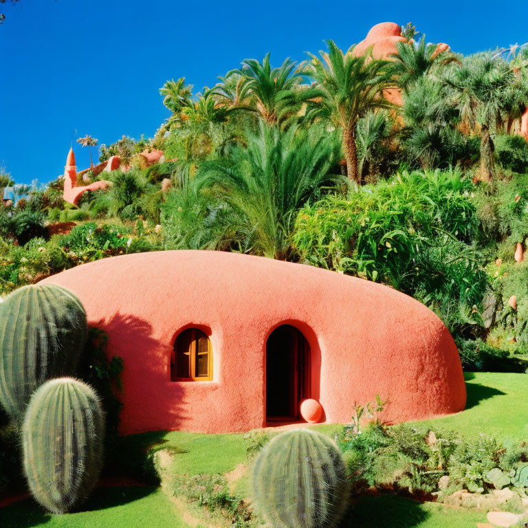 Vibrant dome-shaped building surrounded by greenery and palm trees