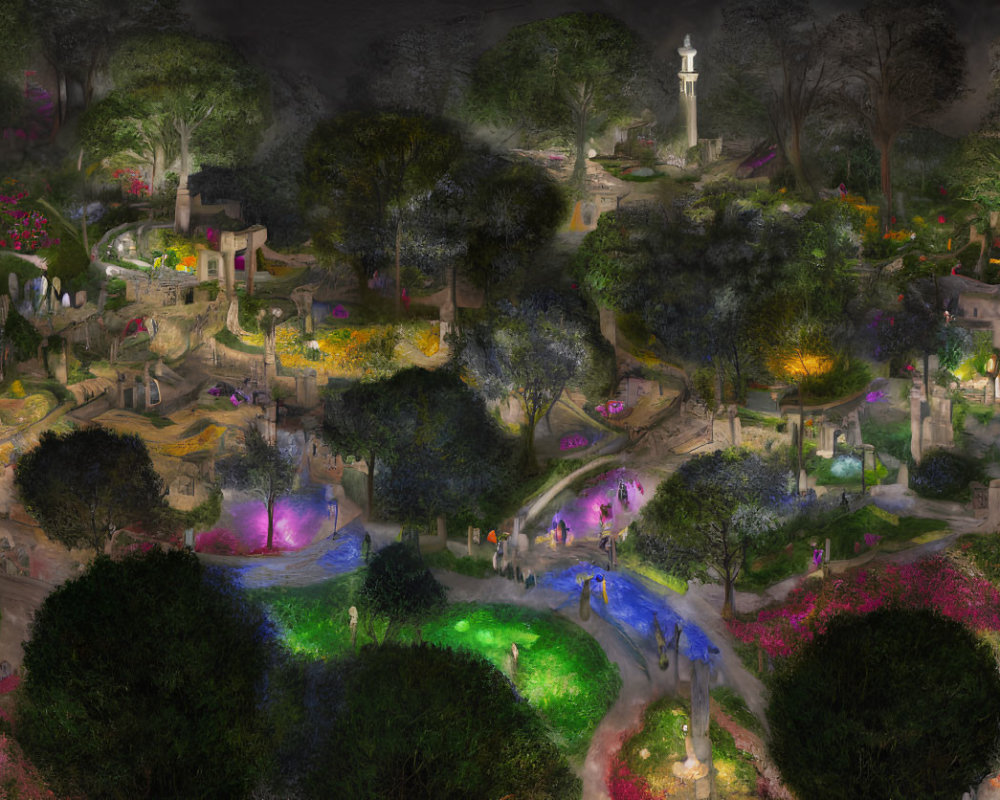 Enchanting nighttime garden with luminous plants, colorful flowers, ancient ruins, and white tower under