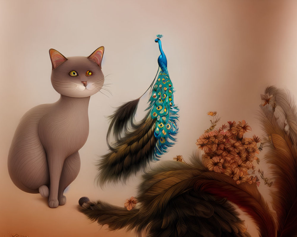 Grey Cat and Peacock Artwork with Soft-colored Flora