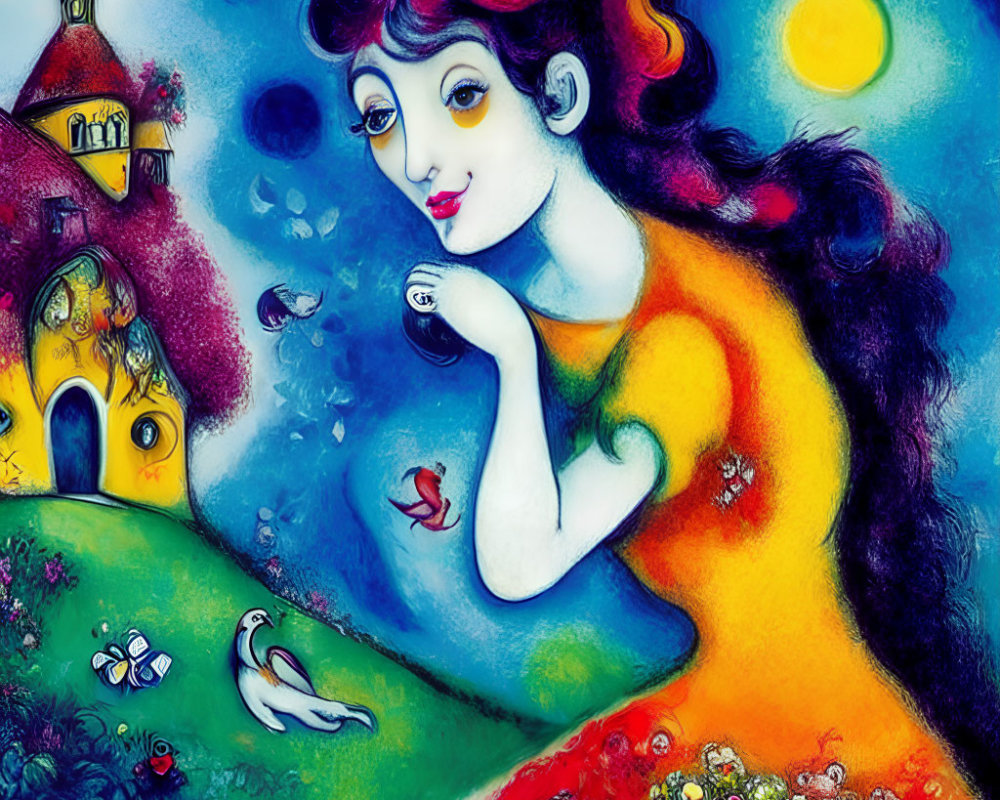 Colorful painting of woman in whimsical scene with dreamy landscape