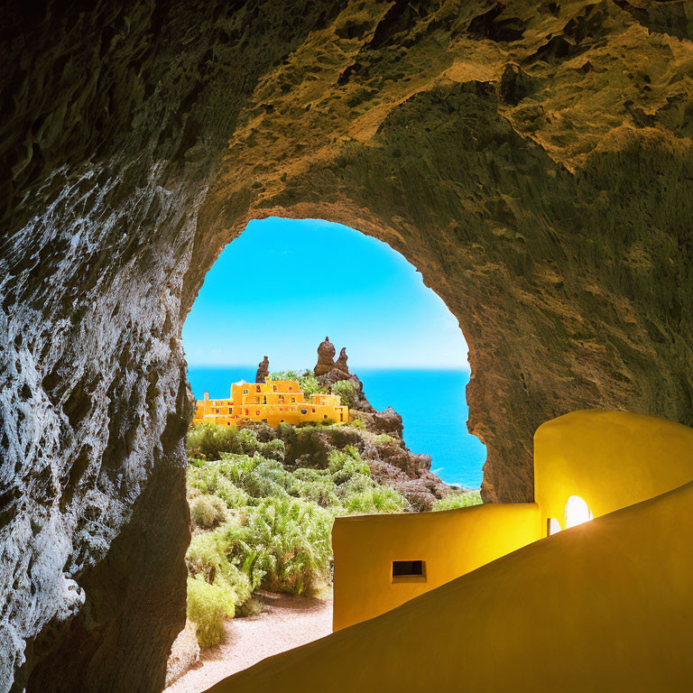 Cave interior overlooking yellow building, greenery, sea, and sky