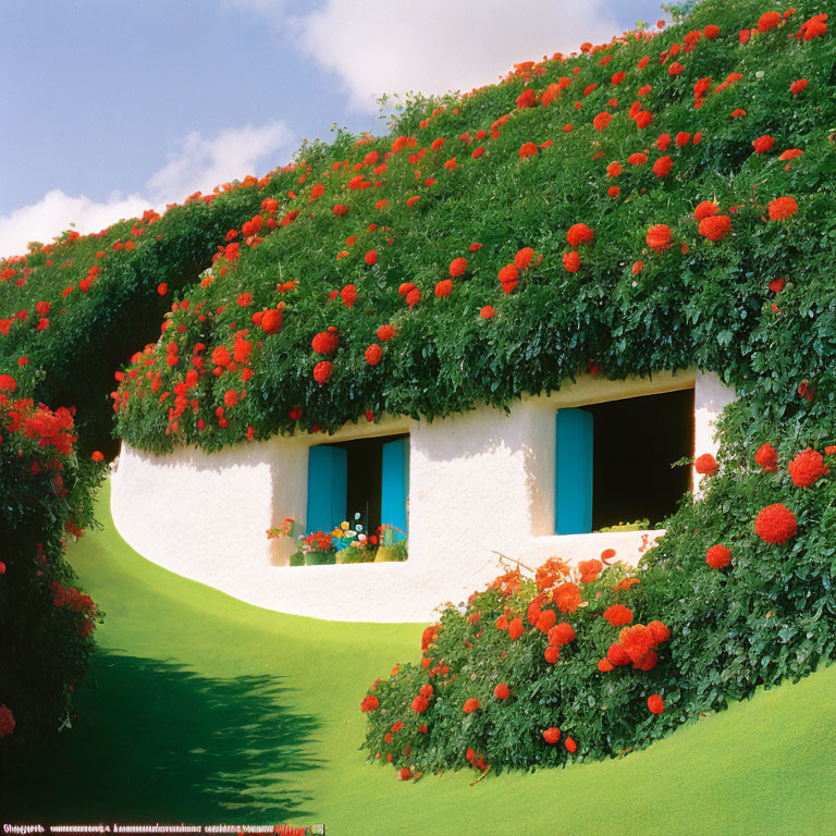 White Cottage with Green Grass Roof and Red Flowers under Blue Sky