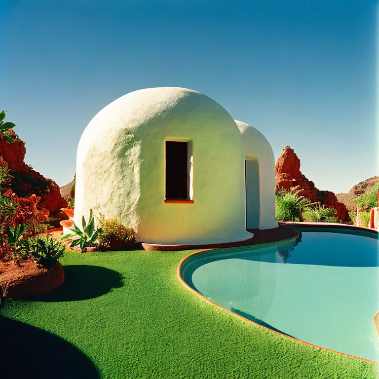 White Dome Building with Red Rocks, Greenery, and Pool