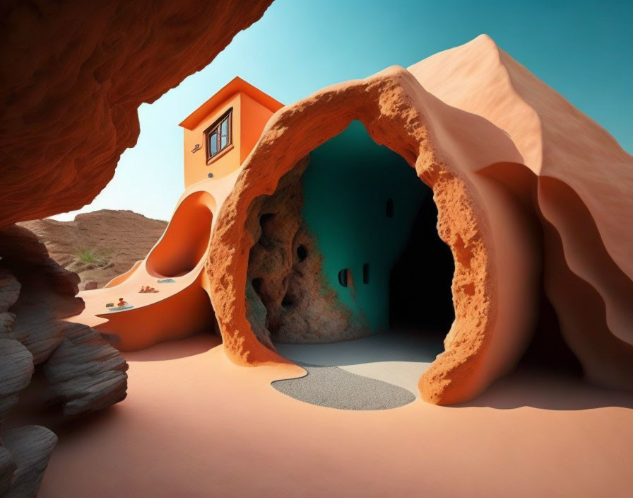 Surreal image: cave entrance merges with modern house on desert landscape