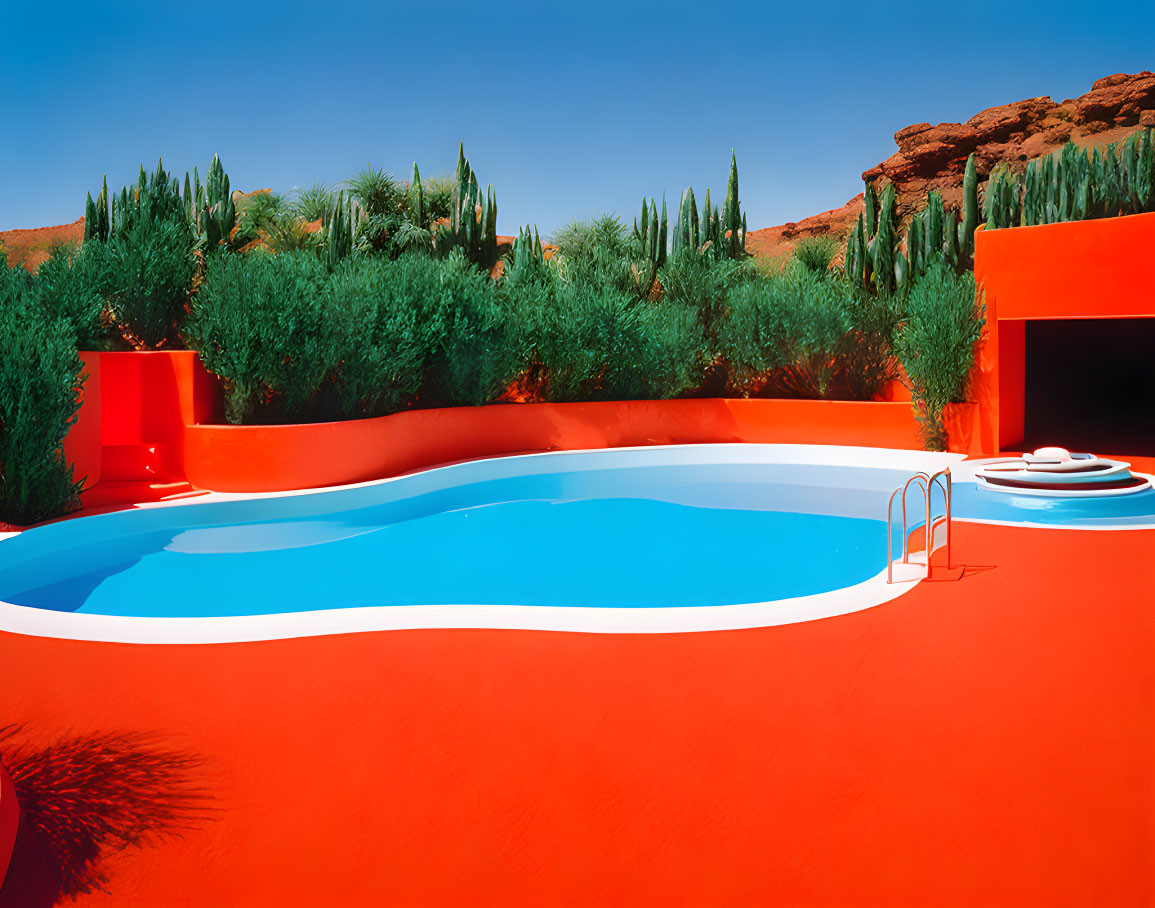 Vibrant red pool with greenery and blue sky against rock formations