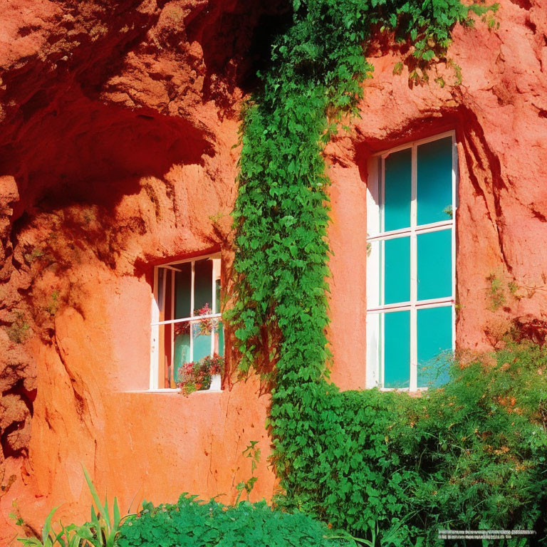 Turquoise Windows on Orange Cliffside with Ivy Under Sunlight