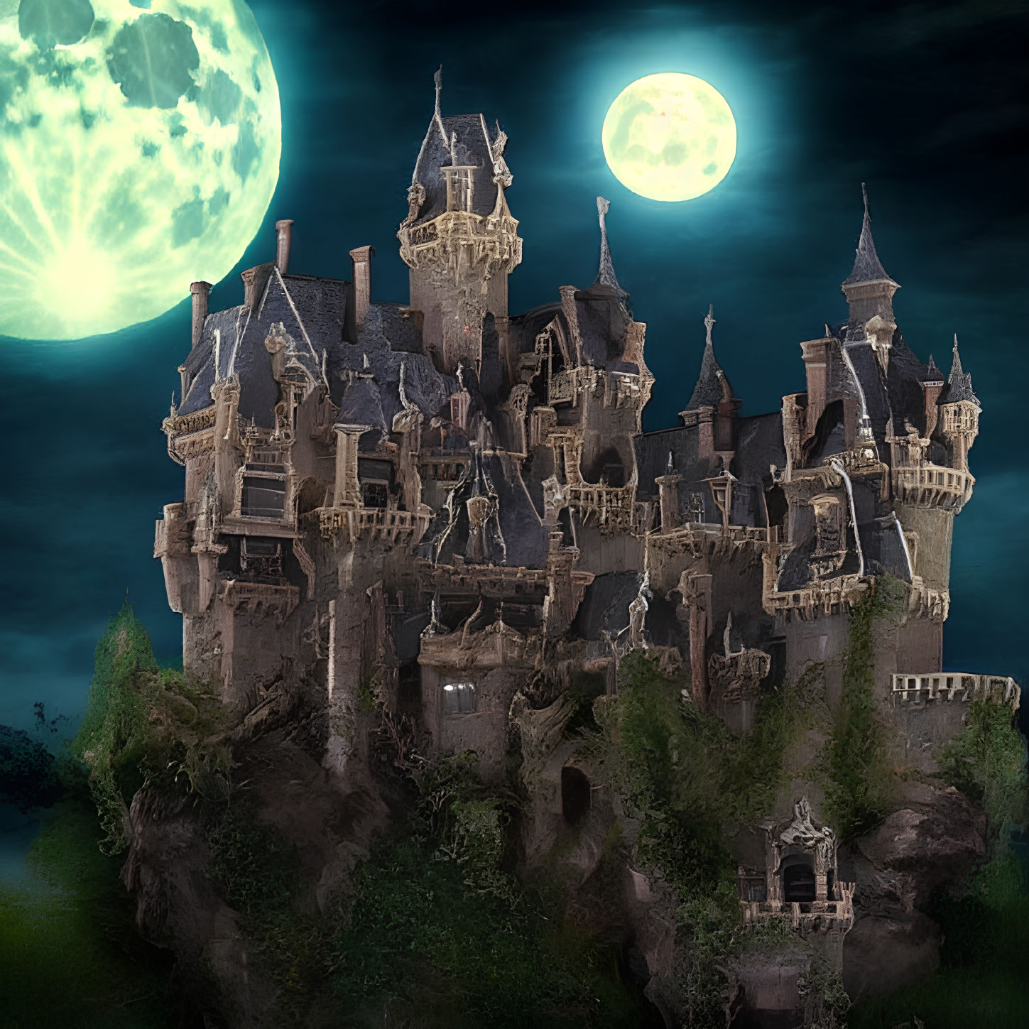 Gothic castle on rugged hill under green-tinted moon