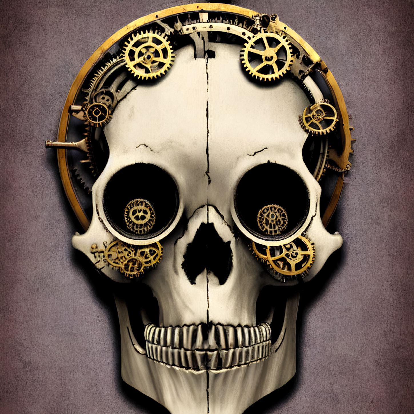 Skull with mechanical gears and cogs symbolizing fusion of organic and machine elements