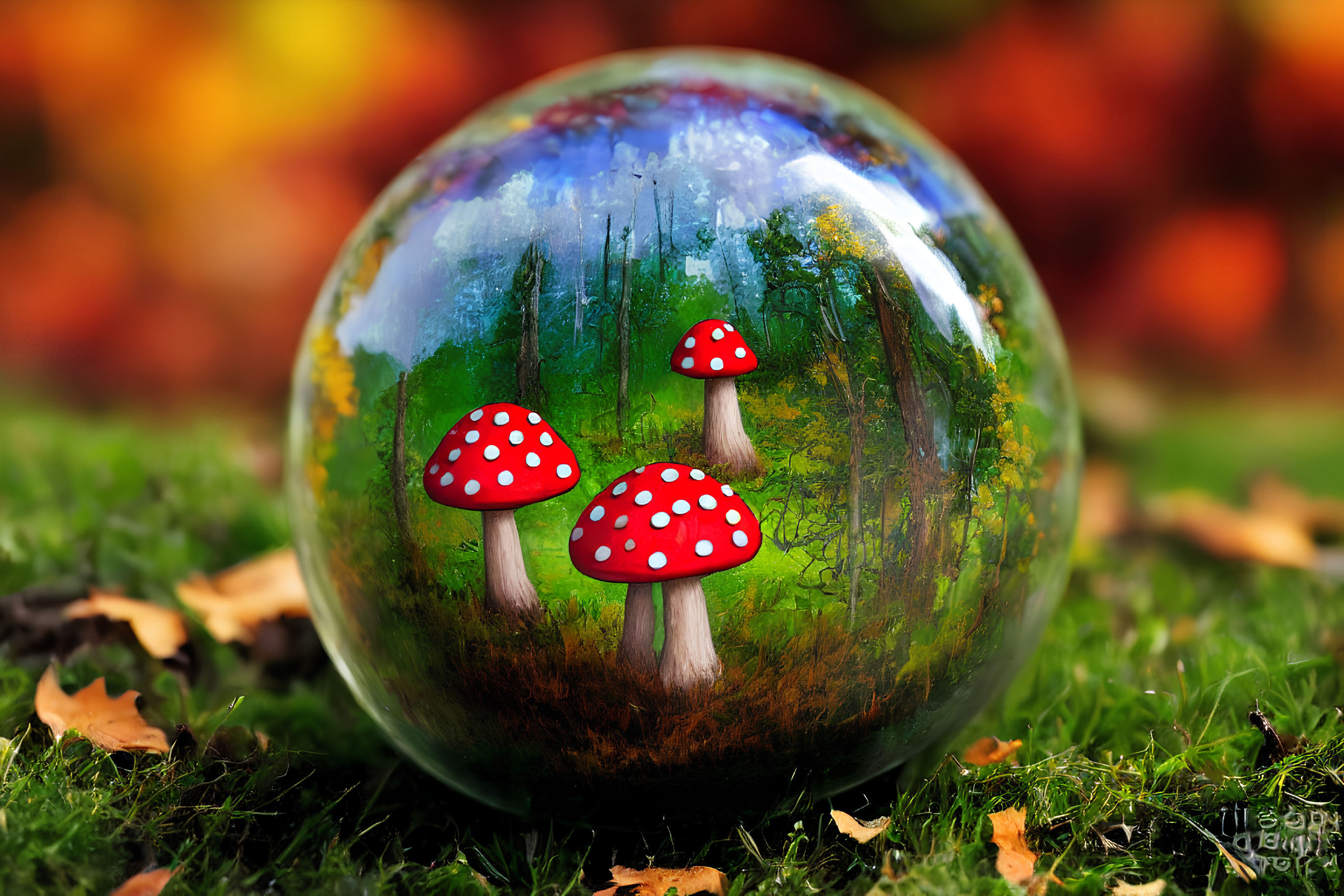 Reflective Sphere on Grass Showing Painted Forest Scene with Red-Capped Mushrooms