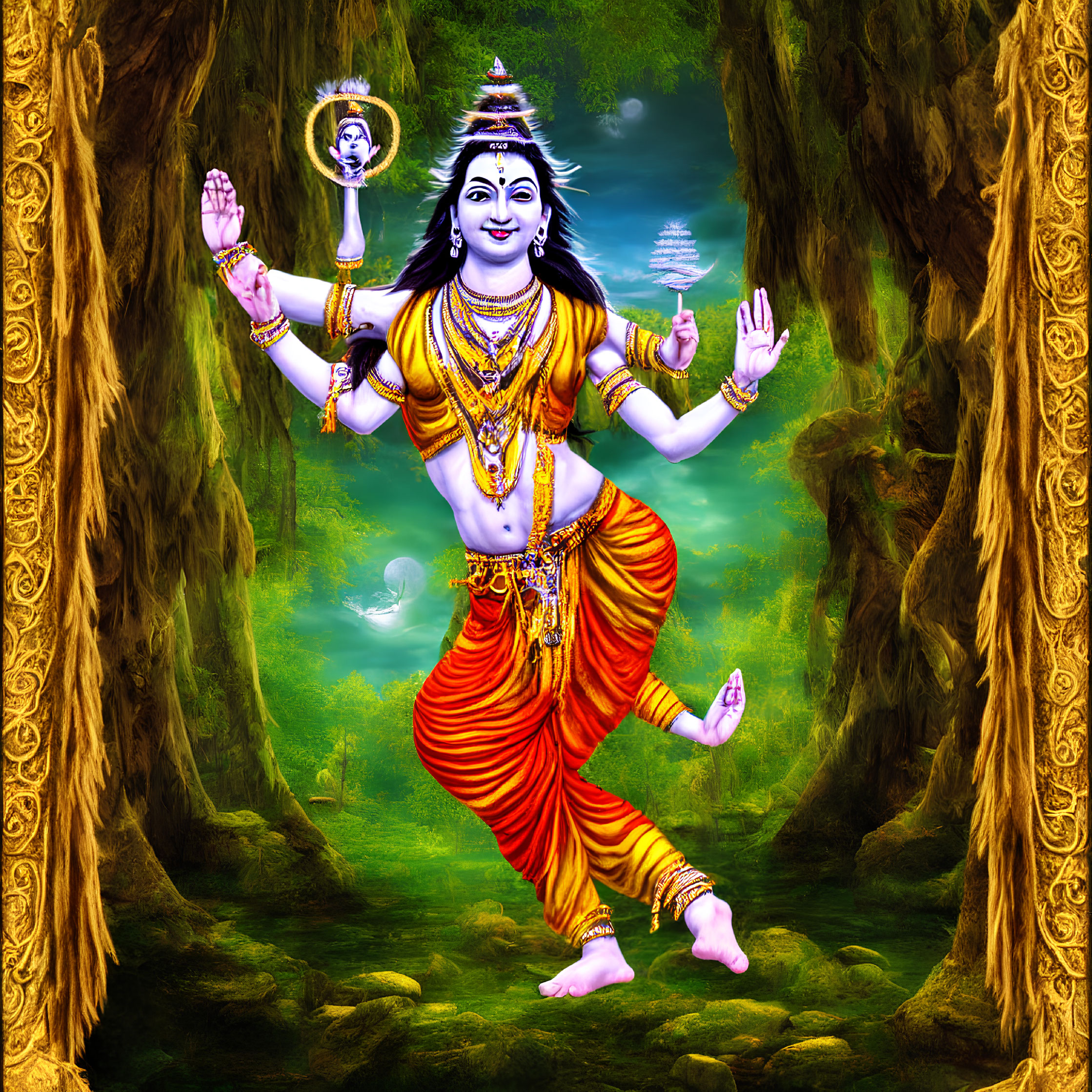 Colorful depiction of a four-armed deity dancing in a forest