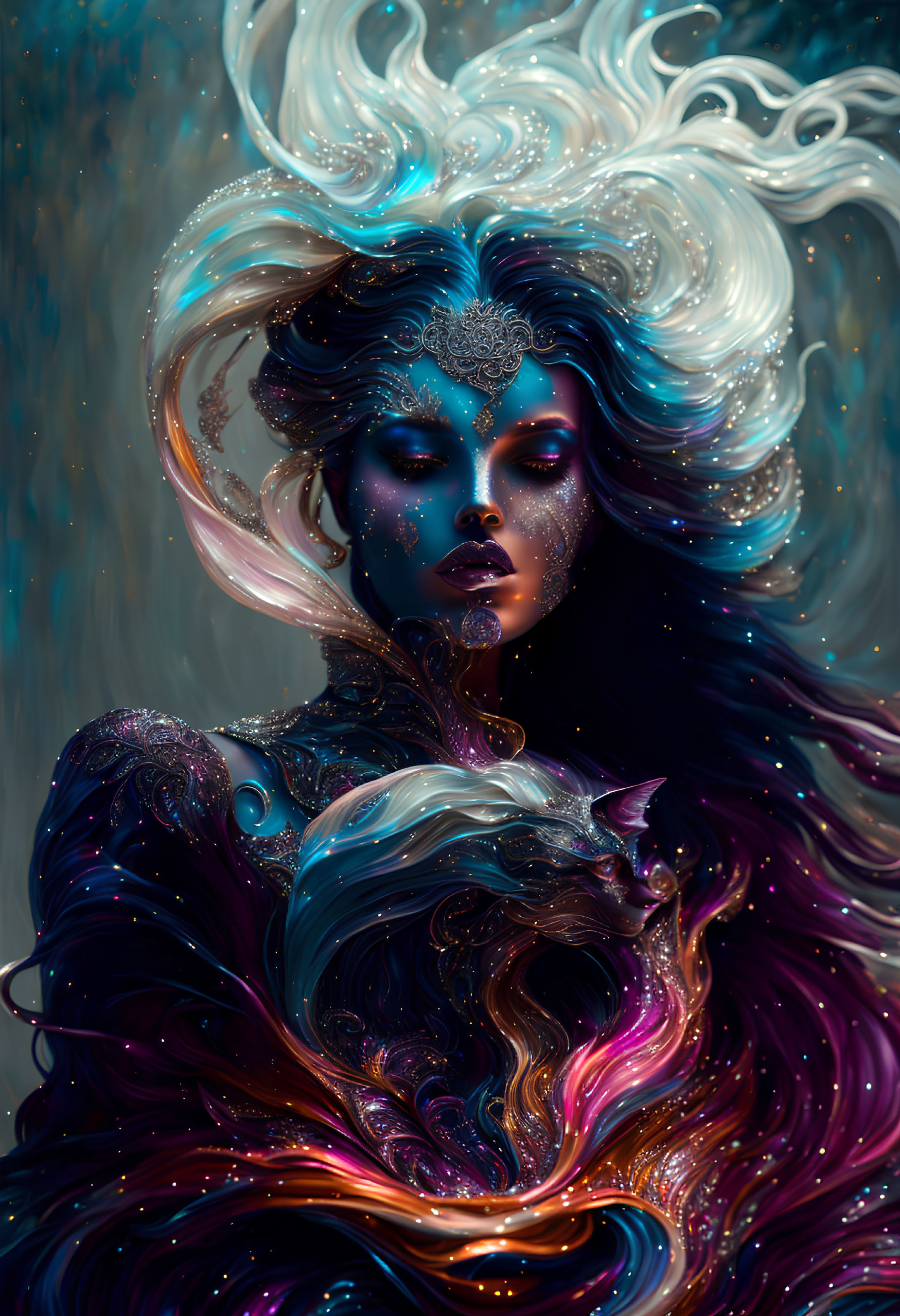 Blue-skinned woman with multicolored hair and ornate headpiece in cosmic setting