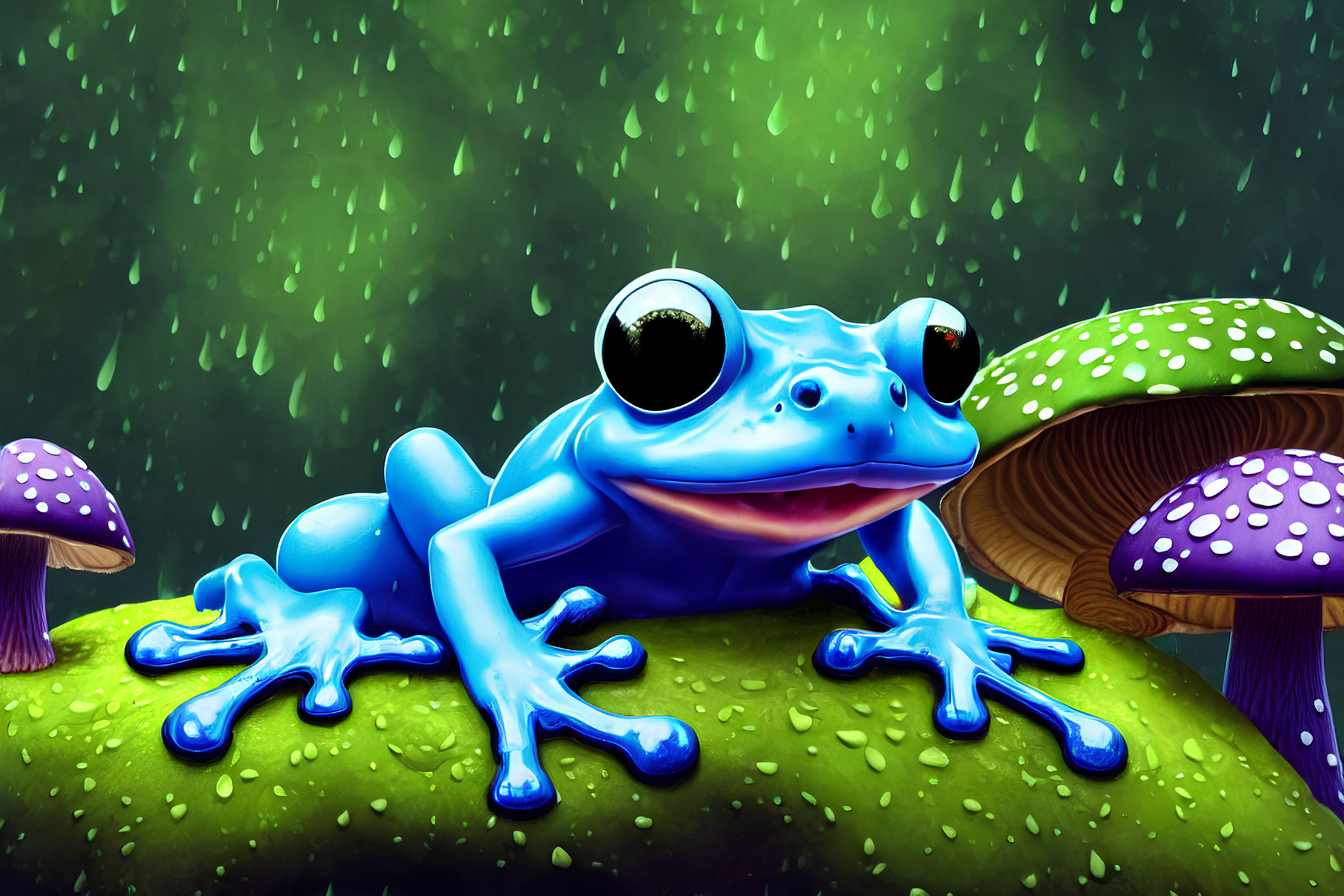 Colorful Illustration: Smiling Blue Frog on Leaf with Mushrooms & Raindrops