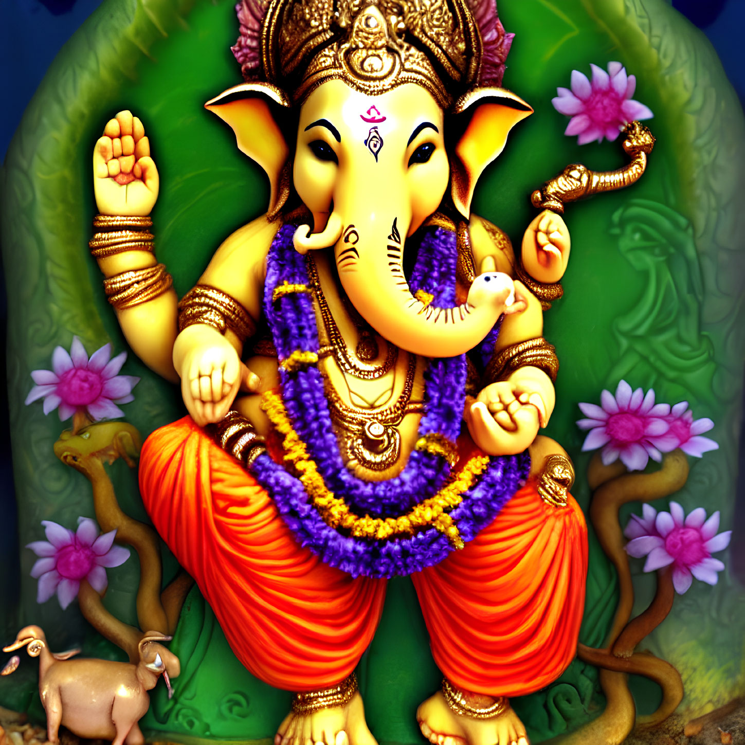 Traditional Lord Ganesha Illustration with Four Arms and Lotus Flowers