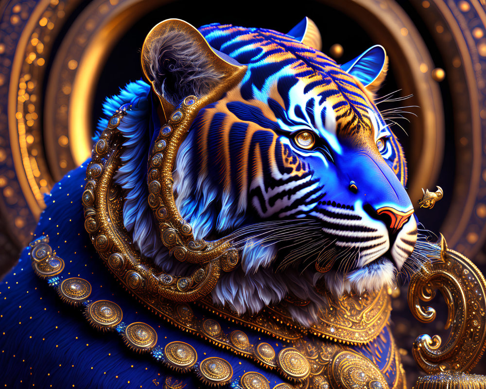 Majestic tiger in gold and blue armor on intricate background