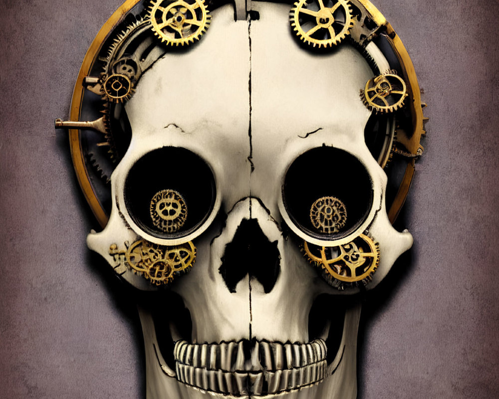 Skull with mechanical gears and cogs symbolizing fusion of organic and machine elements