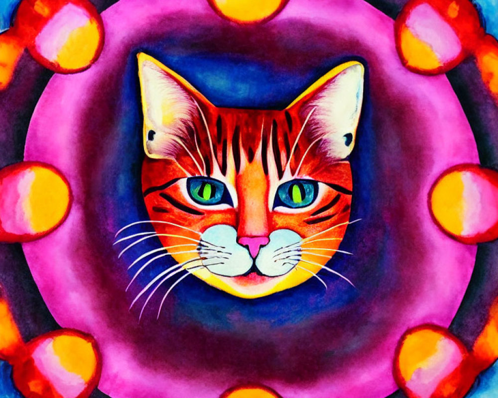 Colorful Watercolor Cat Face Painting in Purple and Red Circles