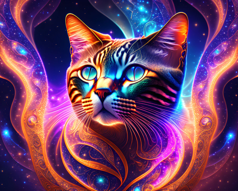 Colorful cosmic cat with blue eyes in neon patterns on dark space background