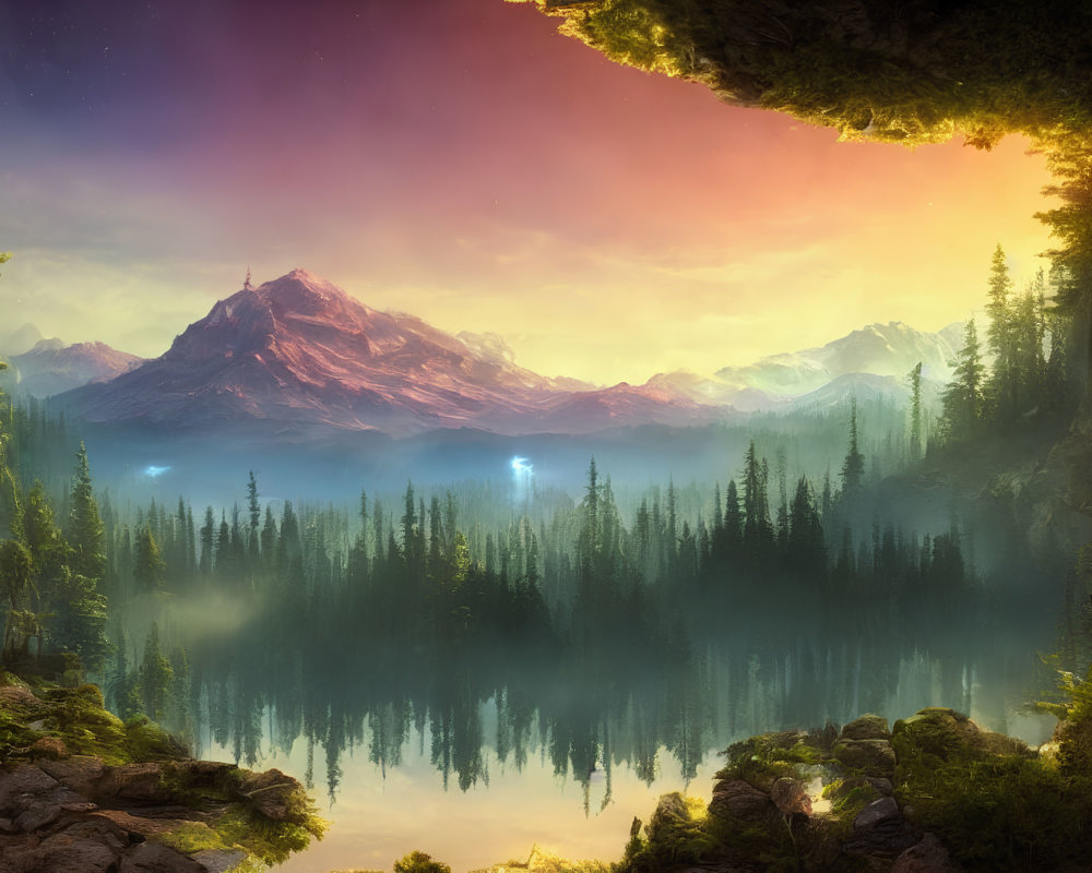 Tranquil landscape with forest, reflective lake, mist, mountains, twilight sky, vibrant clouds.