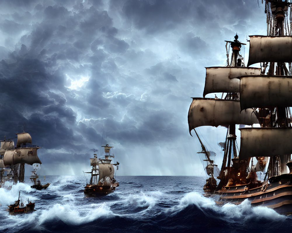 Tall Ships Sailing in Stormy Seas